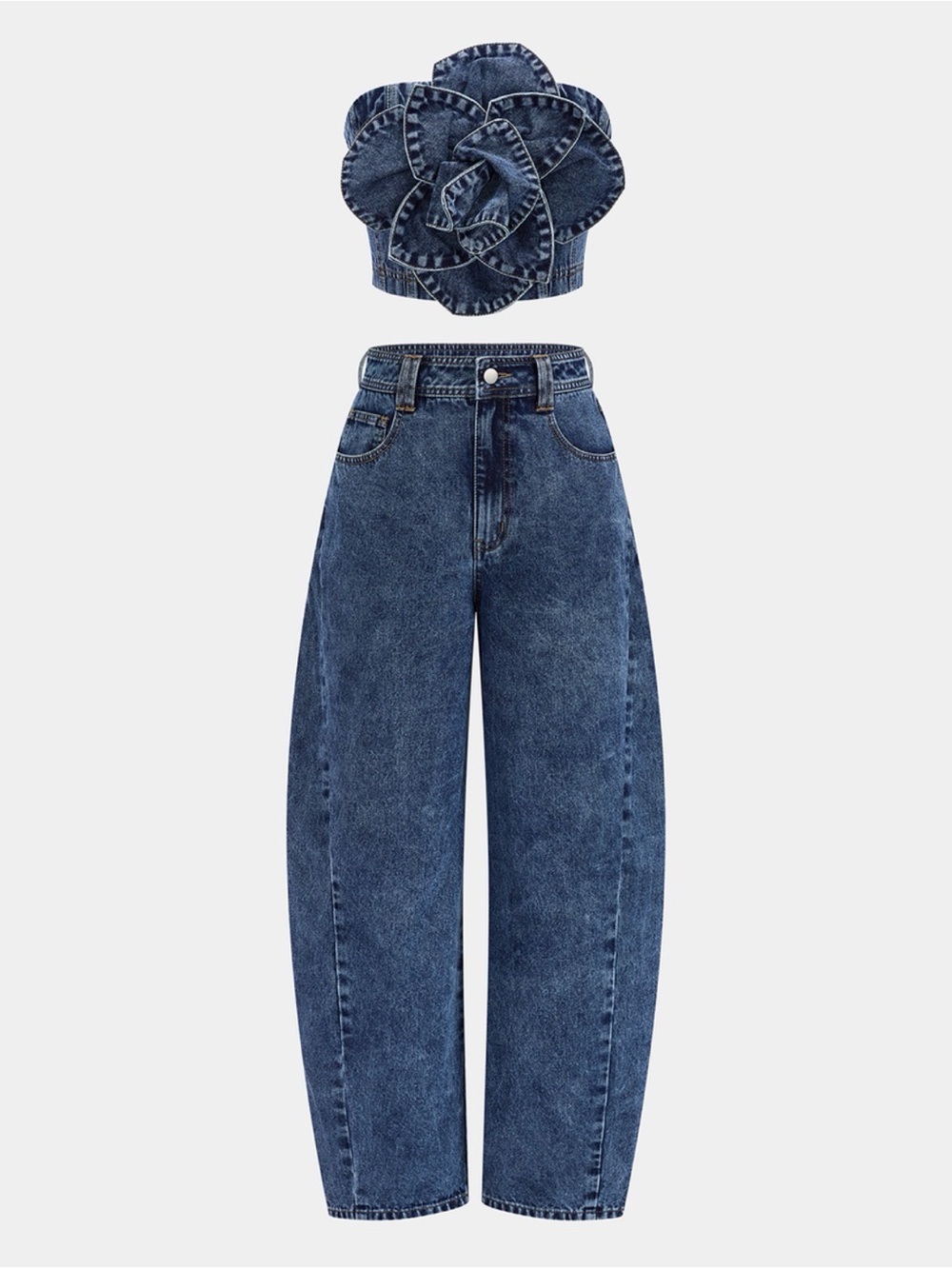 Commense Denim Set Blue Mid-Waist Curved Leg Barrel Jeans & 3D Flower Top